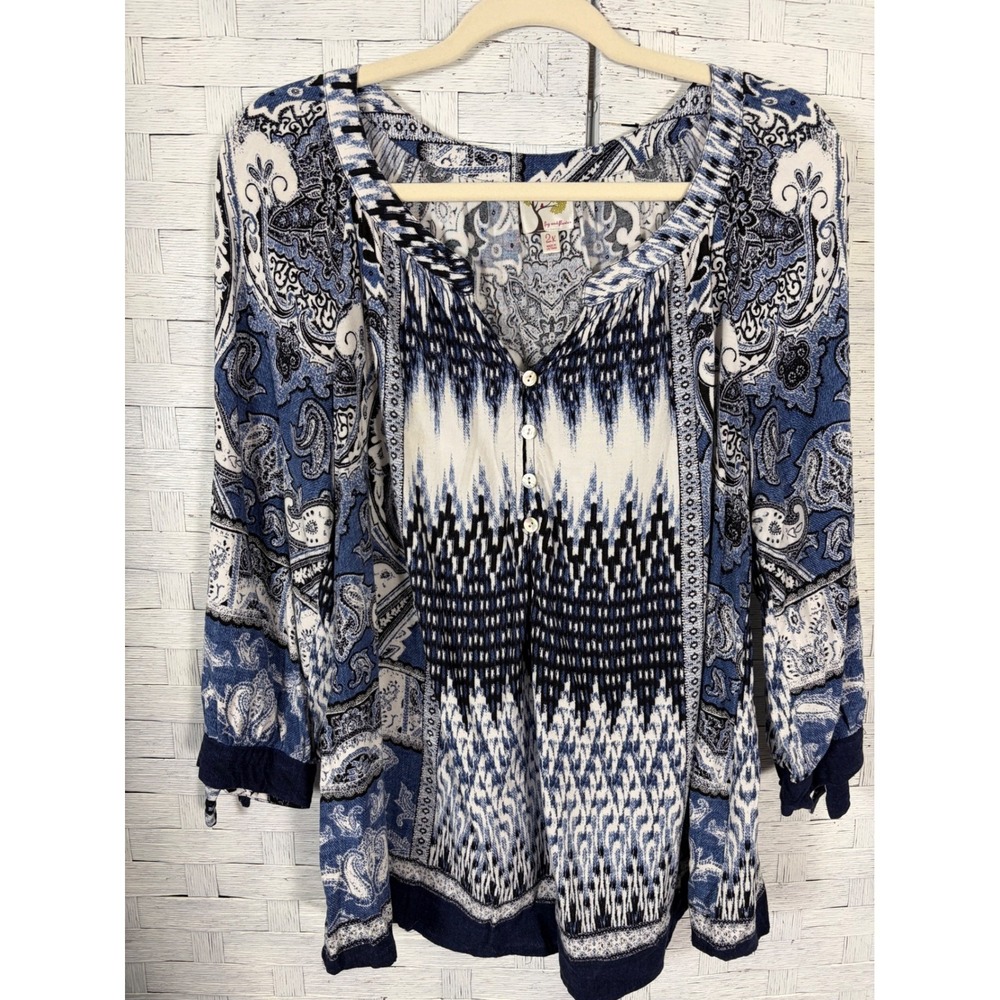Fig and Flower Womens‎ Blouse Paisley Ikat Rayon Tie Sleeve bohemian plus size